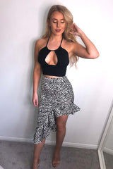 Satin Leopard Print Frill Midi Skirt - Black/White - 2