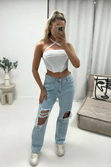 Straight Leg Distressed Boyfriend Jeans - Light Blue