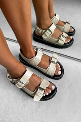 TAKE IT Chunky Gladiator Buckle Sandals - Beige PU - 4