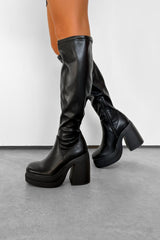 TAKE NOTE Chunky Knee High Stretch Boots - Black PU - 1