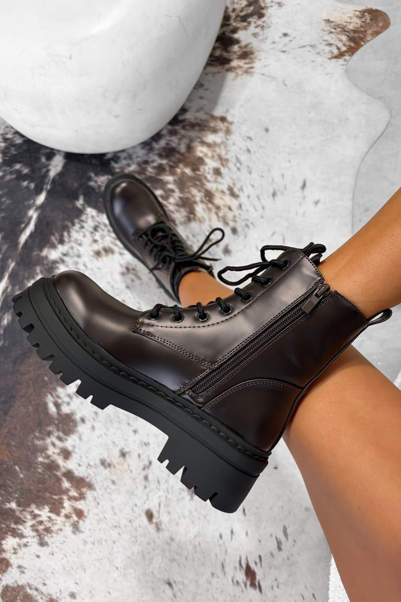 TAKEN Chunky Platform Ankle Boots - Brown PU - 2