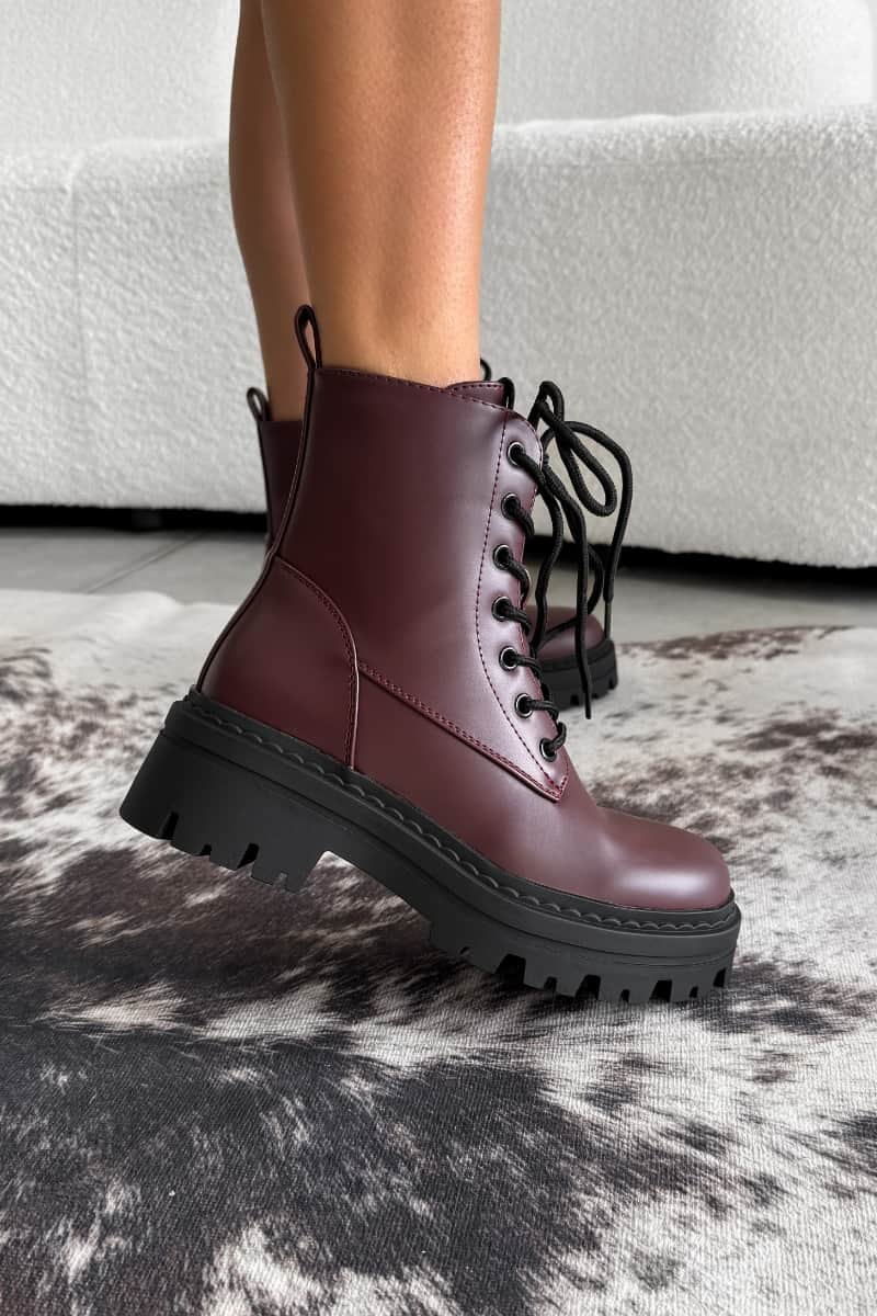 TAKEN Chunky Platform Ankle Boots - Burgundy PU - 1