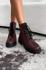 TAKEN Chunky Platform Ankle Boots - Burgundy PU - 2