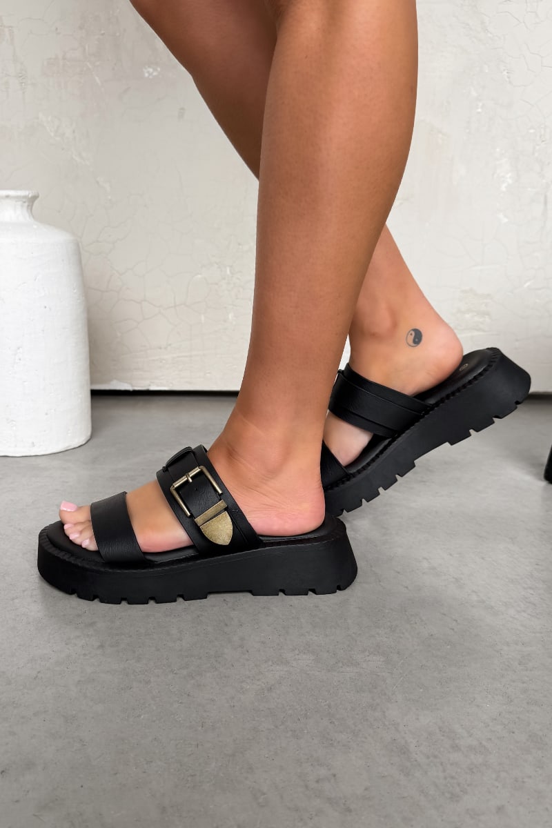 TAKE BACK Chunky Platform Buckle Sandals - Black - 3