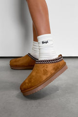 TAYLA Suede Embroidered Slippers - Camel - 2
