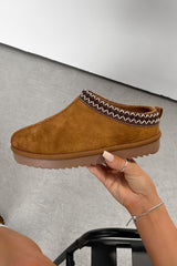 TAYLA Suede Embroidered Slippers - Camel - 1