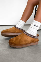 TAYLA Suede Embroidered Slippers - Camel