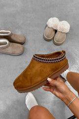TAYLA Suede Embroidered Slippers - Camel - 3