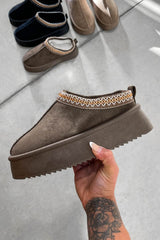 TAYL Suede Embroidered Chunky Slippers - Brown