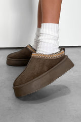 TAYL Suede Embroidered Chunky Slippers - Brown - 1
