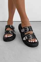 TEGAN Chunky Studded Western Sandals - Black - 1