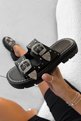 TEGAN Chunky Studded Western Sandals - Black