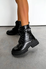 TELL IT Chunky Platform Military Boots - Black PU - 2
