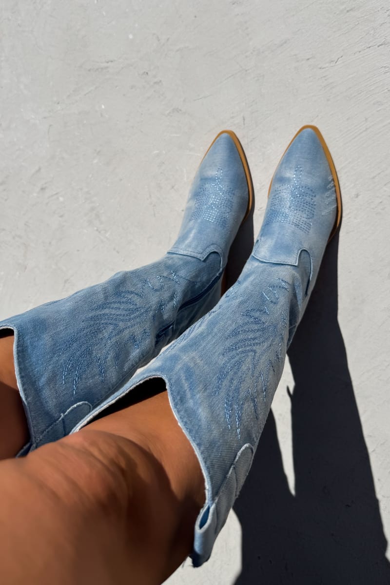 TENNESSEE Knee High Cowboy Western Boots - Blue Denim - 4