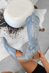 TENNESSEE Knee High Cowboy Western Boots - Blue Denim - 7
