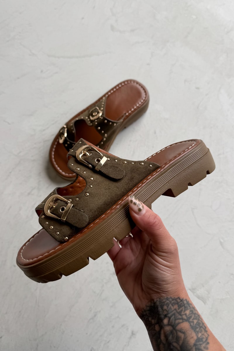 TIANA Chunky Studded Buckle Sandals - Khaki