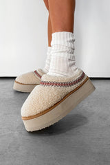 TILLY Aztec Platform Shearling Slippers - Beige - 3