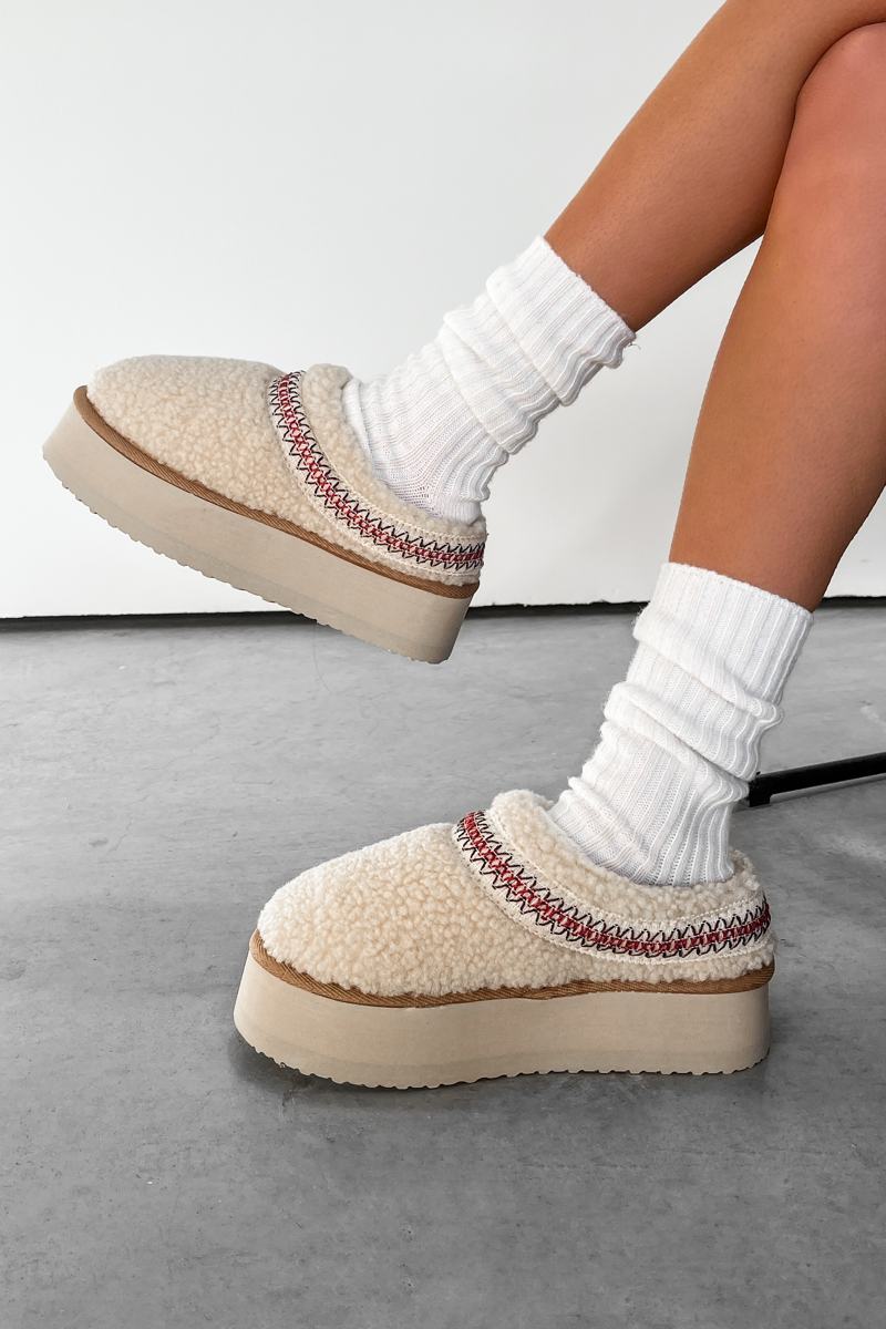 TILLY Aztec Platform Shearling Slippers - Beige - 1