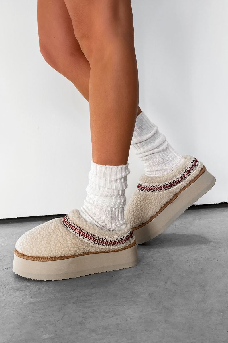 TILLY Aztec Platform Shearling Slippers - Beige - 2