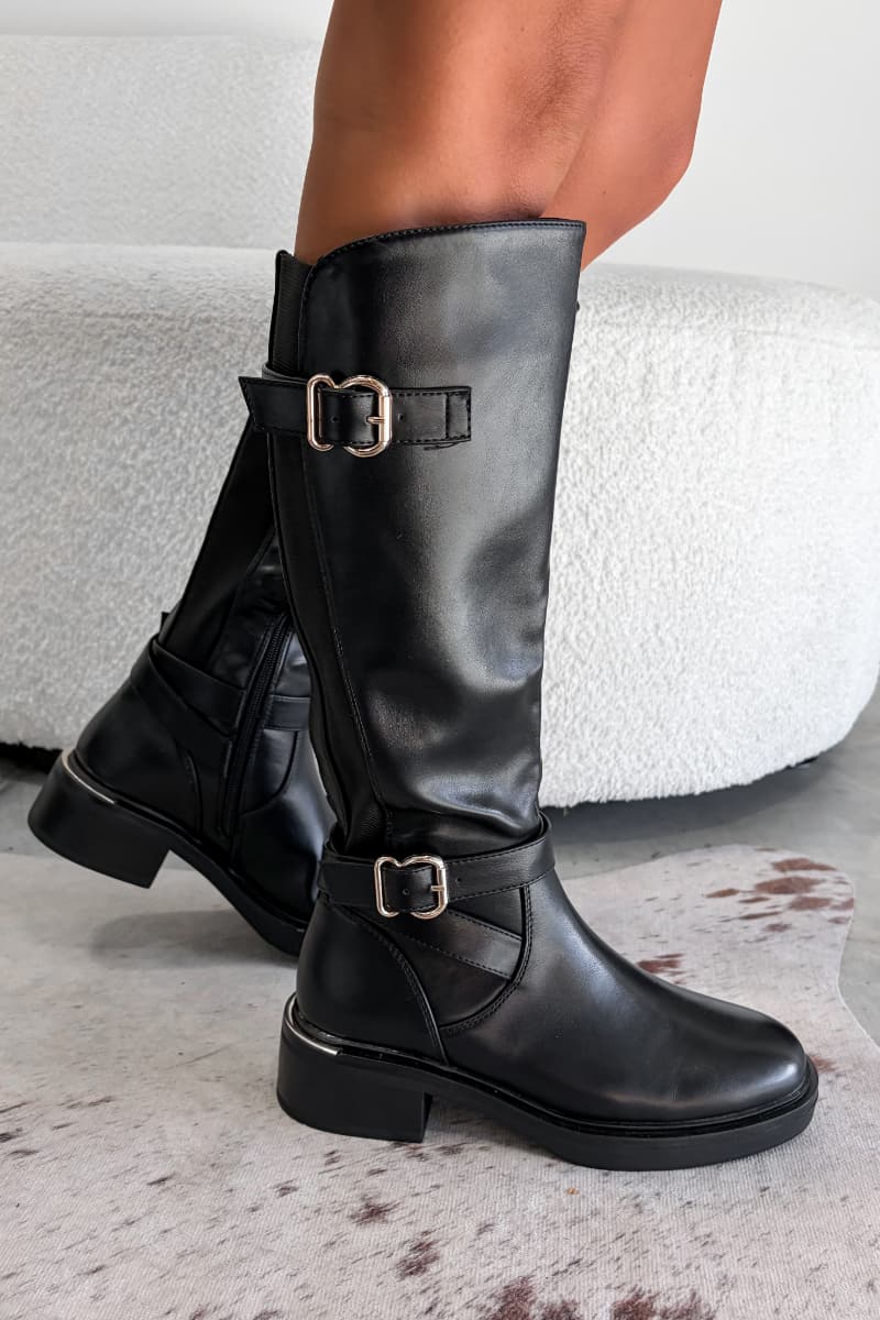 TILLY Buckle Detail Knee Hight Boots - Black -1
