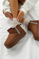 TRAYNA Suede Embroidered Chunky Boots - Chocolate - 2