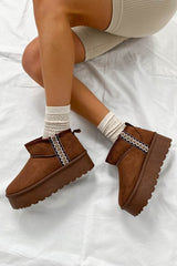 TRAYNA Suede Embroidered Chunky Boots - Chocolate - 1