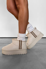 TRAYNA Suede Embroidered Chunky Boots - Cream - 2