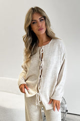 Tie Front Knitted Cardigan And Trouser Set - Beige - 2