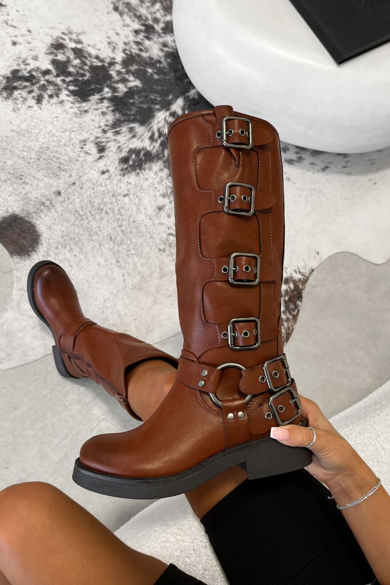 UTAH Chunky Buckle Biker Boots Camel