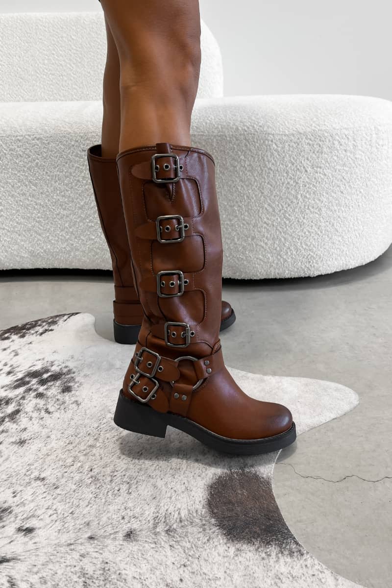 UTAH Chunky Buckle Biker Boots - Camel - 1