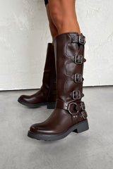 UTAH Chunky Buckle Biker Boots - Brown PU