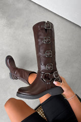 UTAH Chunky Buckle Biker Boots - Brown PU - 4