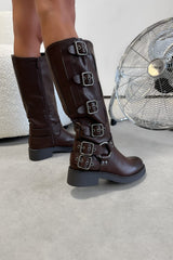 UTAH Chunky Buckle Biker Boots - Brown PU - 5