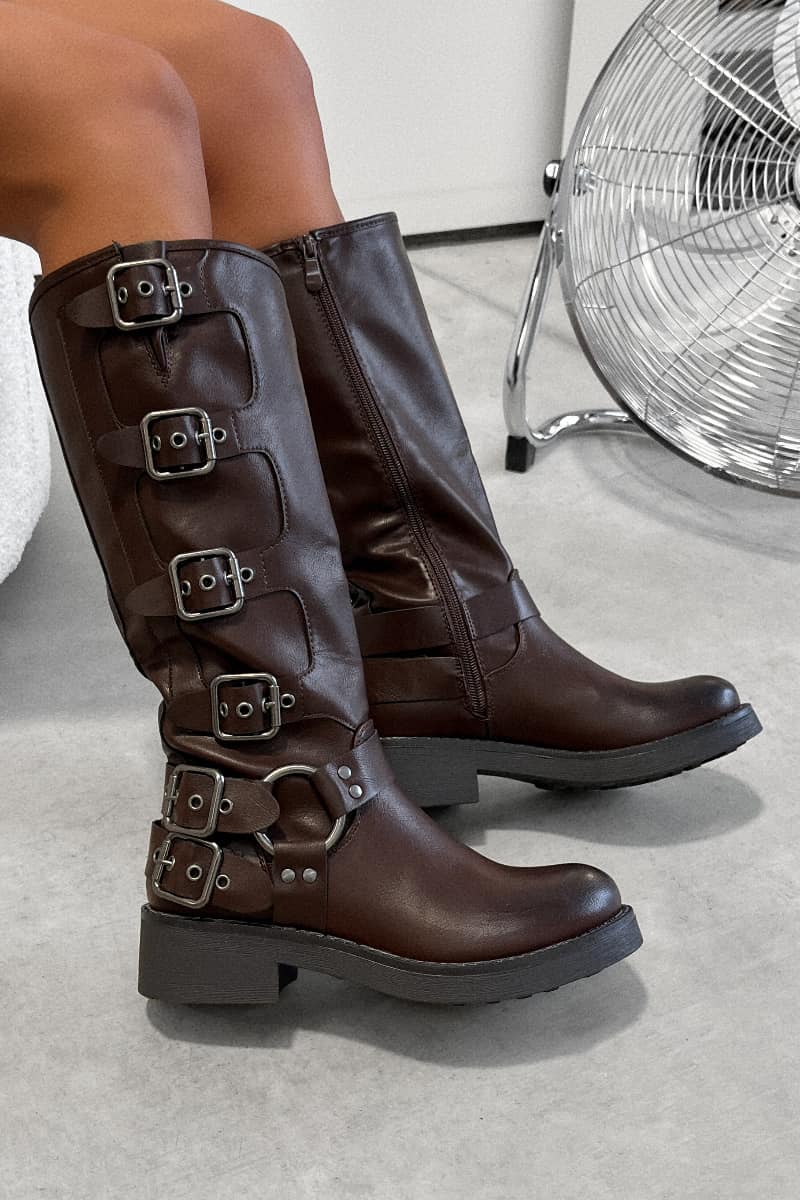 UTAH Chunky Buckle Biker Boots Brown PU