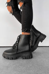 VOLTAGE Chunky Lace Up Ankle Boots - Black PU - 3