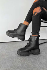VOLTAGE Chunky Lace Up Ankle Boots - Black PU - 2