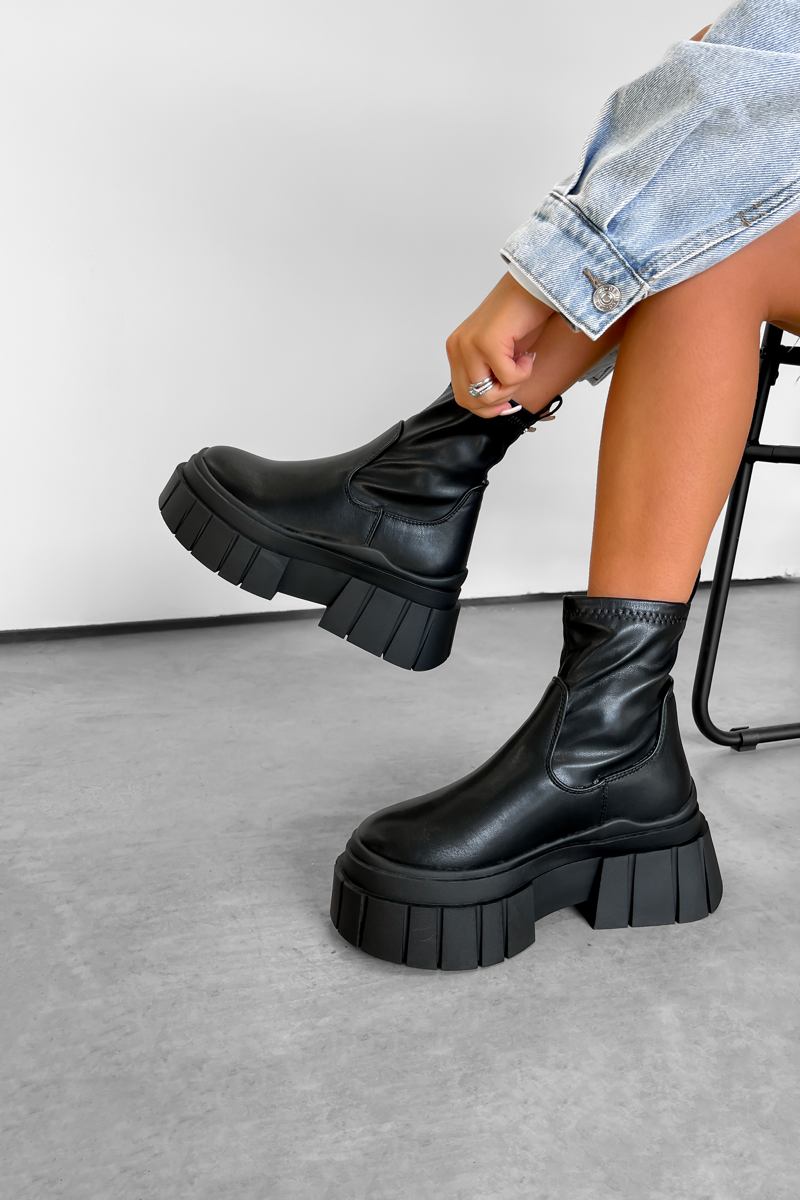 VOLTAGE Chunky Platform Sock Fit Boots Black PU – AJ VOYAGE