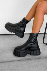 VOLTAGE Chunky Platform Sock Fit Boots - Black PU - 3