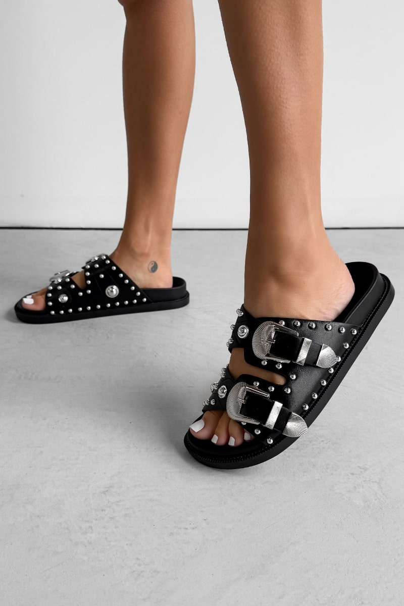 WILLOW Chunky Studded Western Buckle Sandals - Black - 2