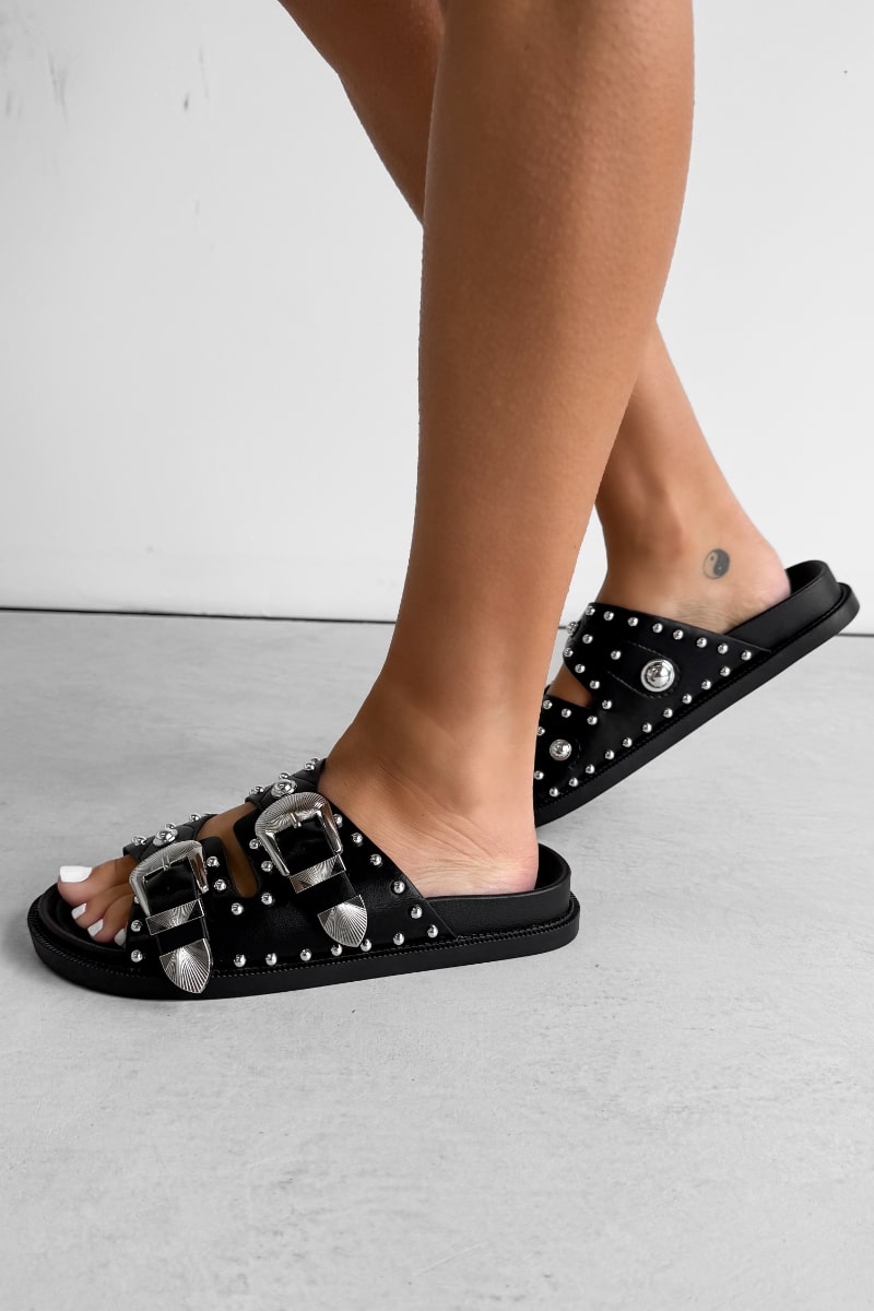 WILLOW Chunky Studded Western Buckle Sandals - Black - 3