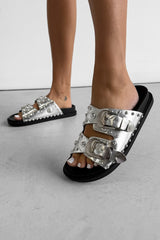 WILLOW Chunky Studded Western Buckle Sandals - Silver - 1