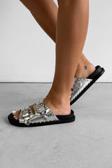 WILLOW Chunky Studded Western Buckle Sandals - Silver - 3