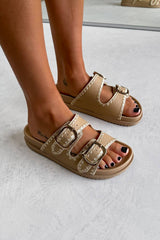 GIO Chunky Embroidered Buckle Sandals - Taupe