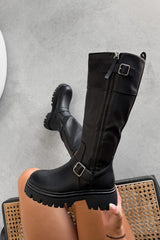 ZENA Knee High Buckle Platform Boots - Black - 3