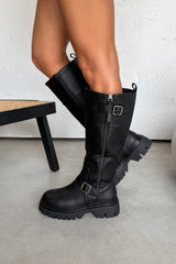 ZENA Knee High Buckle Platform Boots - Black - 4