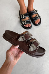ZENA Chunky Studded Western Buckle Sandals - Brown - 2