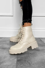 AVERY Lace Up Chunky Boots - Beige PU -1