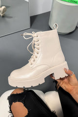 AVERY Lace Up Chunky Boots - Beige PU - 3