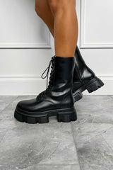 BROOKLYN Chunky Lace Up Ankle Boots - Black PU - 2