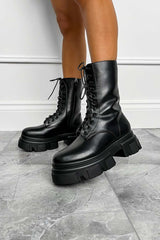 BROOKLYN Chunky Lace Up Ankle Boots - Black PU - 3